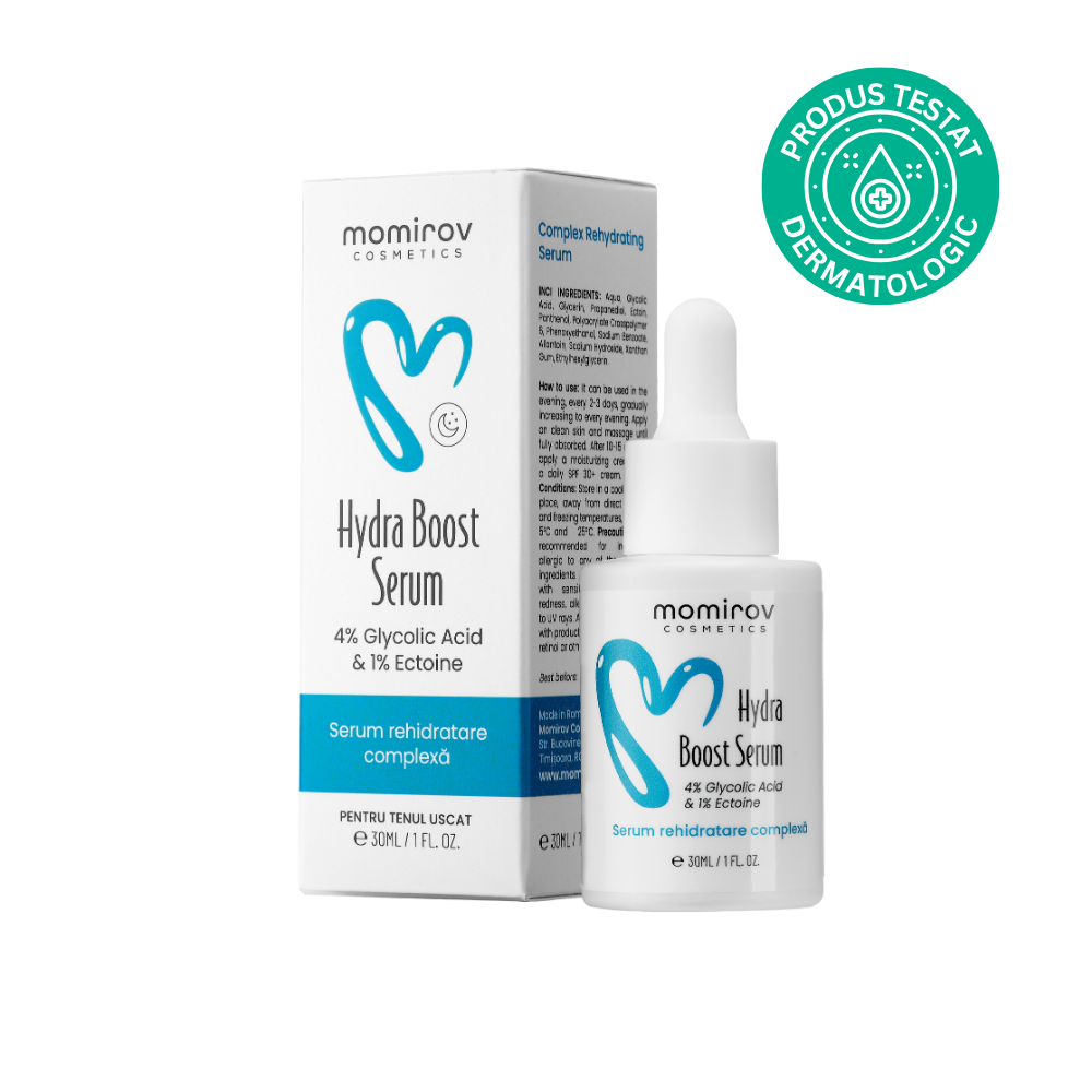 Serum Hydra Boost cu 4% acid glicolic și 1% ectoină pentru ten uscat, 30 ml