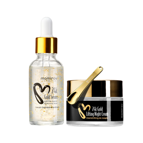 Serum cu aur 24K și acid hialuronic + Cremă lifting de noapte 24K cu aur și 10% Tens-up