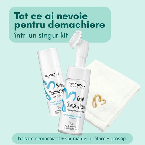Kit demachiant cu spumă de curățare, balsam pentru topirea machiajului și prosop din bumbac spa + borsetă cadou